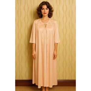 VINTAGE 60S 2 piece robe gown set nylon lace satin floral intimates sleep pink M